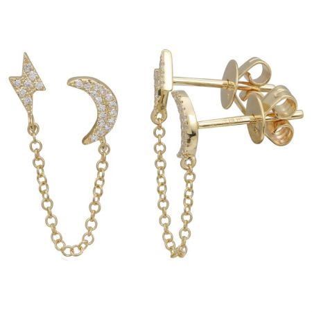 14k Yellow Gold Diamond Lightning Bolt And Moon Double Stud Earrings
