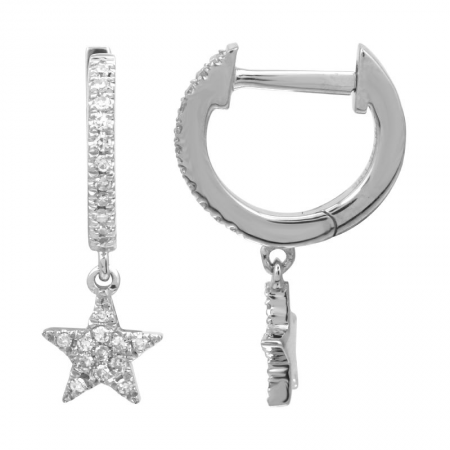 14k Yellow Gold Diamond Star Drop Huggie Earrings
