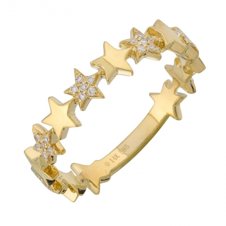 14k Yellow Gold Alternated Pave Star Diamond Ring