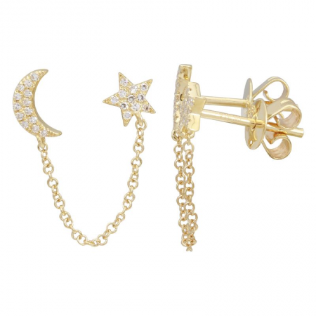14k Yellow Gold Diamond Moons and Star Double Stud Earrings