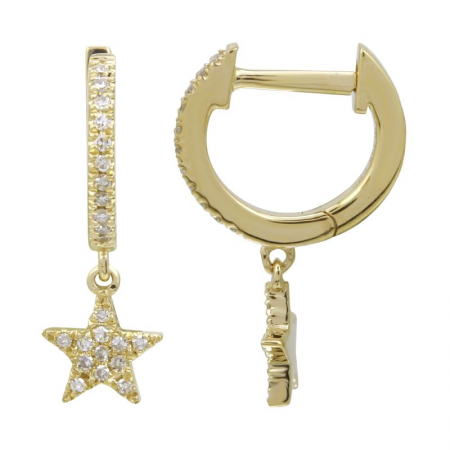 14k Yellow Gold Diamond Star Drop Huggie Earrings