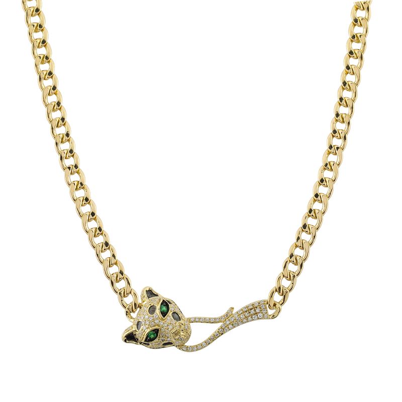 14k Yellow Gold Panther Cuban Link Chain Diamond Necklace