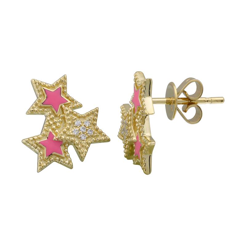 14k Yellow Gold Star Pink Enamel Stud Earrings