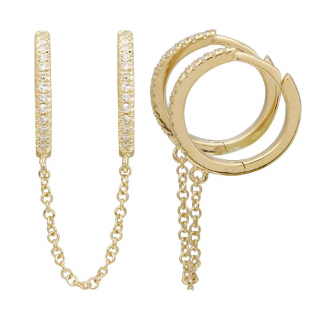 14k Yellow Gold Double Huggie Diamond Chain Earrings / Sold As Pair