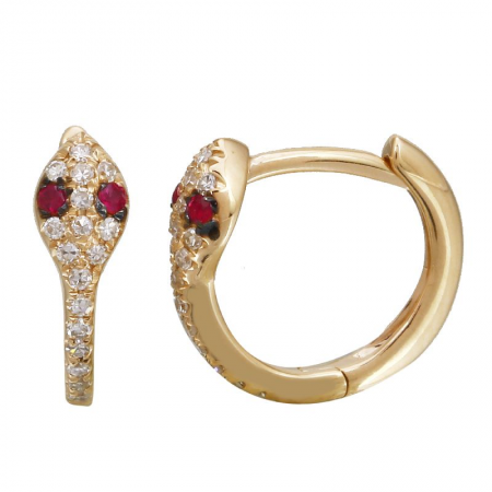 14k Yellow Gold Snake Diamond Huggie Earrings with Ruby Eyes