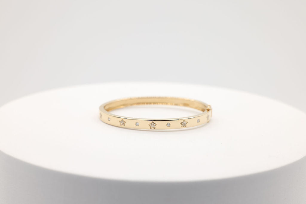 14k Yellow Gold Diamond Star Cartier Like Bangle